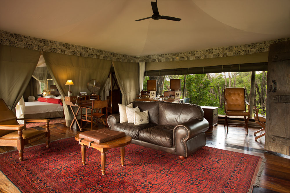 Guest Tent Living Area at Zarafa Camp Botswana Okavango Luxury Safari / Courtesy Great Plains