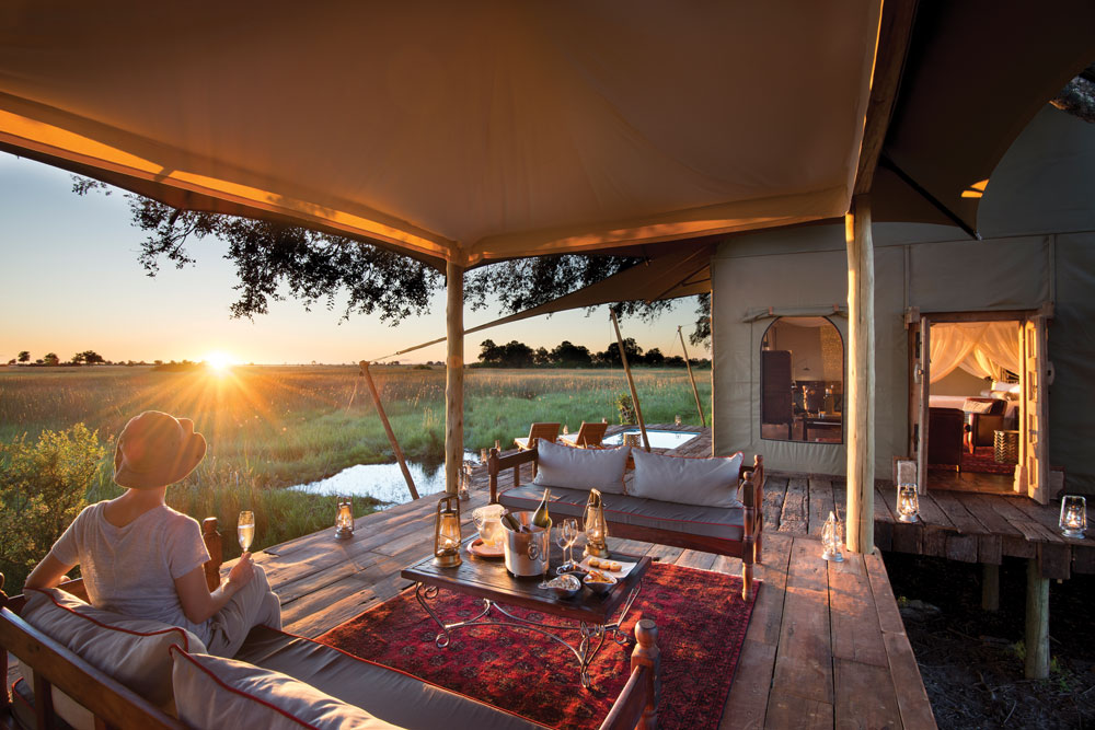 Sunset at Duba Plains Camp Botswana Okavango Luxury Safari / Courtesy Great Plains