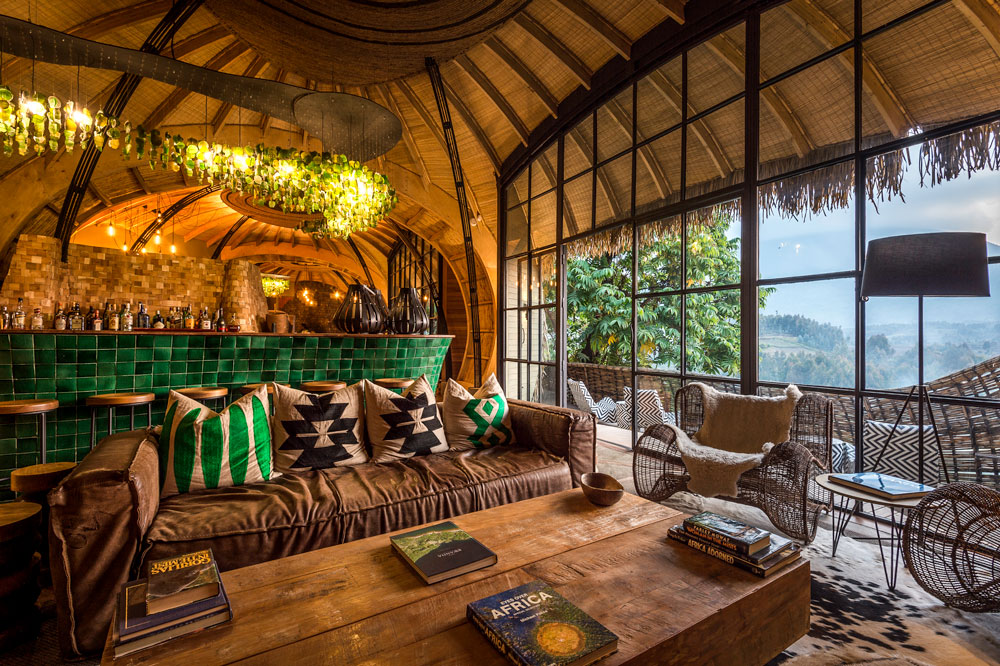Lodge bar at Bisate Lodge, Rwanda luxury gorilla trekking safari / Caroline Culbert / Courtesy of Wilderness Safaris
