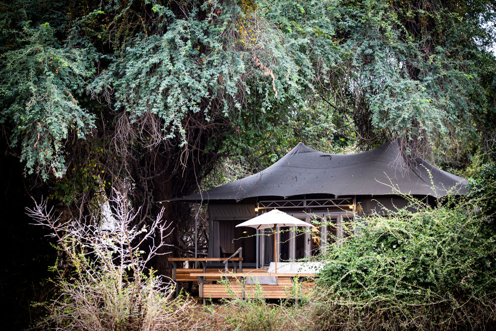 Tent exterior at Chikwenya, Mana Pools, luxury Zimbabwe safari / Crookes and Jackson / Courtesy of Wilderness Safaris