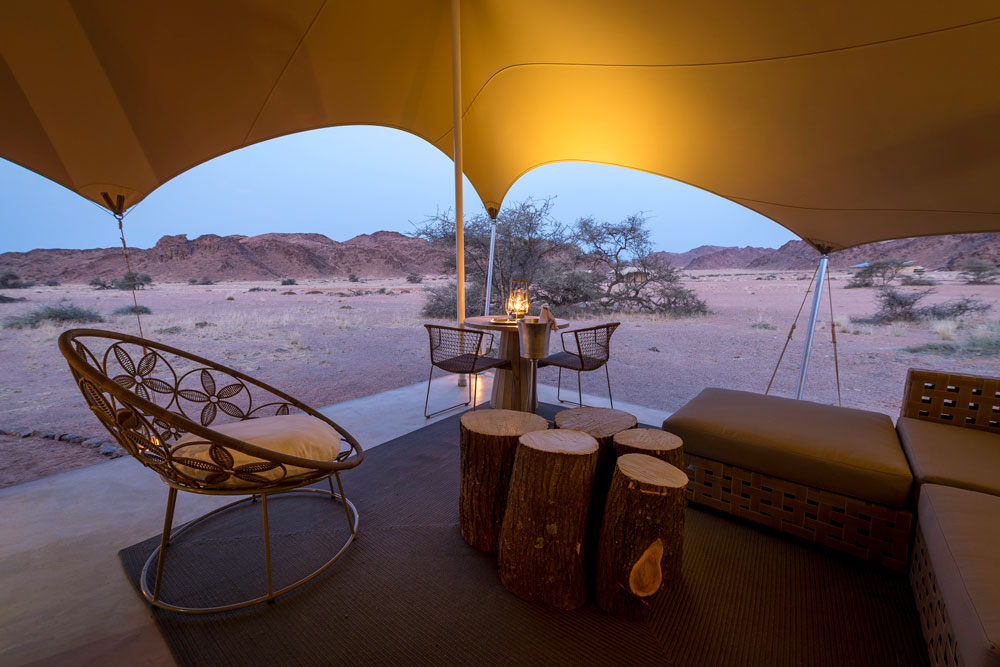 Tent view from Hoanib Skeleton Coast Camp, luxury Namibia safari / Dana Allen / Courtesy of Wilderness Safaris